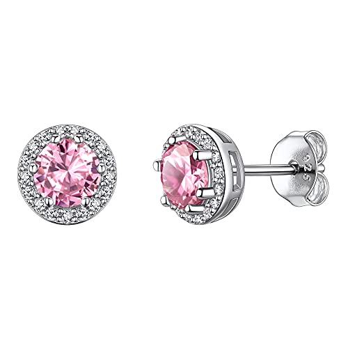Suplight 925 Sterling Silver Birthstone Stud Earrings for Women, Round/Heart/Teardrop/Square Crystal Diamond Earrings for Women, Dainty Birthday Gifts Jewelry - color: style a-10. round-October(Created Tourmaline)