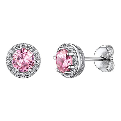 Suplight 925 Sterling Silver Birthstone Stud Earrings for Women, Round/Heart/Teardrop/Square Crystal Diamond Earrings for Women, Dainty Birthday Gifts Jewelry - color: style a-10. round-October(Created Tourmaline)