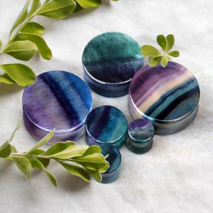 Pierced Owl Natural Rainbow Fluorite Stone Double Flared Plugs, Sold as a Pair - style: 22mm (7/8")
