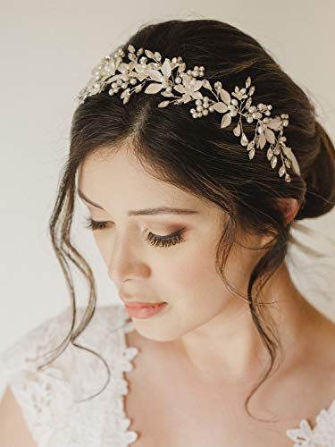 SWEETV Handmade Rhinestone Wedding Headband Flower-Leaf Bridal Headpieces for Wedding Pearl Hair Accessories (Silver) - color: Silver