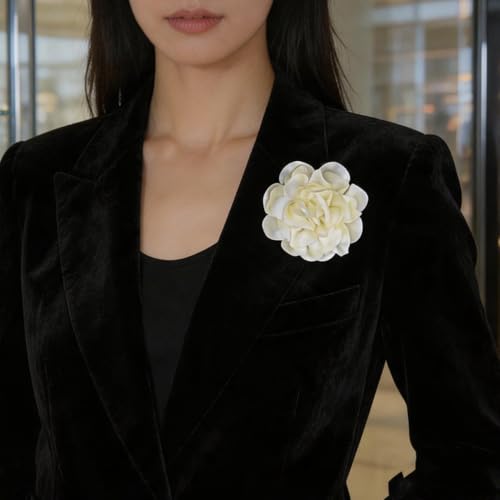 Dainty Satin Fabric Rose Flower Brooches 7.5in Extra Large Big Camellia Flower Brooches Lapel Pins for Women Wedding Party Dance Dress Clothes Accessories - color: Beige