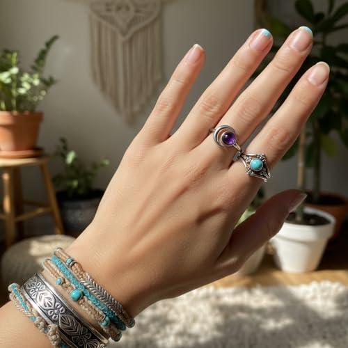Sun and Moon Ring, Adjustable Natural Stone Rings for Women & Men, Boho Celestial Jewelry for Daily Wear - color: Amethyst