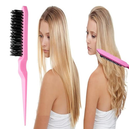 6PCS Hair Styling Tools Kit, Boar Bristle Wooden Brush, Rat Tail Metal Pin Parting Comb Edge Control Brush,Bristle Teasing Hair Brush Topsy Tail Loop Tools for Women Braiding & Edge Styling - color: pink