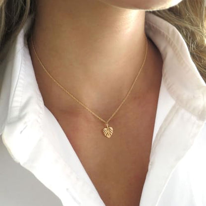 HANLI 14K Gold Plated Necklaces for Women - Dainty Butterfly, Star of David, Moon and Star, Sun, Lotus, Infinity, Hummingbird, Bee,Boots,Chill,Sunflower Pendant Designs - Elegant Jewelry for Women - color: Monstera Leaf