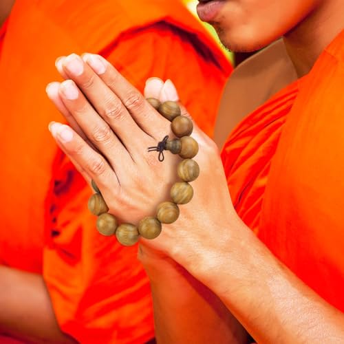 Landical 2 Pcs Tibetan Buddhist Green Sandalwood Beads Bracelets 15mm Scented Sandalwood Link Wrist Adjustable Wooden Crafts Prayer Beads for Men Women Meditation Protection