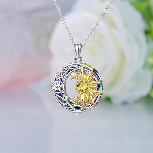 AOBOCO 925 Sterling Silver Moon Sun Star Necklace Celtic Jewelry for Women Girls - color: Circle Crystal-Volcano Color