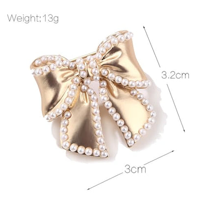 14k Golden Plated Bow Knot Lapel Brooch Pin Cultured Pearl Ribbon Bow Pins Clip Sweater Dress Suit Clothes Accessories Brooches Pins Fashion Christmas Birthday Jewelry Gifts for Women Girls Decor