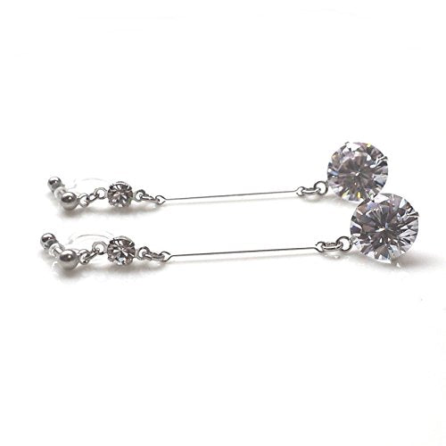 Drop Cubic Zirconia Invisible Clip On Earrings for Women Not Pierced Gold Teardrop Sqaure CZ Crystal Dangle Gold Silver Comfortable Clip On Earrings Bridal Wedding Prom - color: Round Silver2