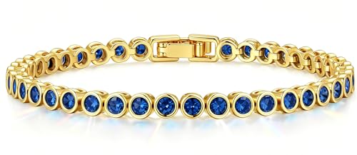 Tennis Bracelets for Women Teen Girls, Gold Jewelry | 3mm Cubic Zirconia, Dainty & Classic Tennis Bracelets, 14K Gold Plated, Adjustable Bracelet for Wrist Essentials - color: Sapphire Blue 6.5 Inch