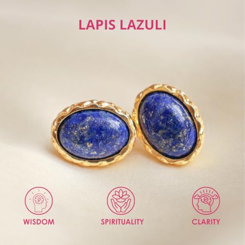 Gempires Bold Oval Gemstone Stud Earrings for Women – Natural Healing Stone Jewelry 14K Gold-Plated Hypoallergenic Tarnish-Resistant – Bold Statement Studs Gift for Her - style: Lapis Lazuli