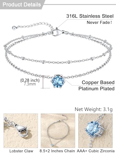 U7 Silver Ankle Bracelet for Women, Waterproof Layered Ankle Round Gem Birthstone Anklets, Summer Beach Foot Jewelry, Adjustable 8.5"-10.5" - color: 03.March-Aquamarine Blue