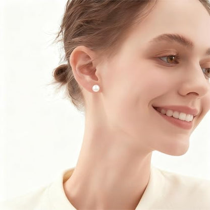White Faux Pearl Stud Earrings, S925 Silver Posts Hypoallergenic for Women - color: Pinkish White, size: 10mm