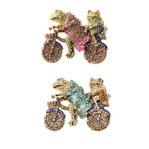2Pcs Two Frogs Riding Bike Brooch Vintage-Inspired Sparkling Rhinestone Animal Brooch Pin Fashion Accessory