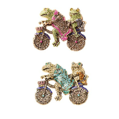2Pcs Two Frogs Riding Bike Brooch Vintage-Inspired Sparkling Rhinestone Animal Brooch Pin Fashion Accessory
