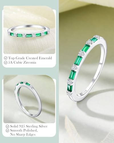 925 Sterling Silver 1.5mm Thin Baguette Stackable Rings for Women | Created Ruby/Sapphire/Emerald/Cubic Zirconia,Dainty Wedding Band Birthday Anniversary Jewelry(with Gift Box) - color: 03-Created Emerald & CZ