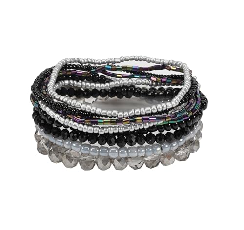 Boho Colorful Stackable Crystal Glass Beads Stretch Bracelets Multilayered Bracelets for Women Bohemian Jewelry - color: Black 9pcs