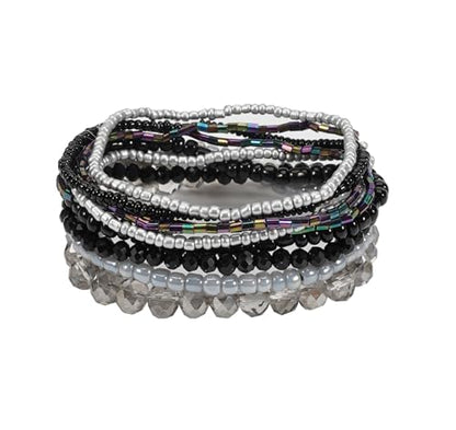 Boho Colorful Stackable Crystal Glass Beads Stretch Bracelets Multilayered Bracelets for Women Bohemian Jewelry - color: Black 9pcs
