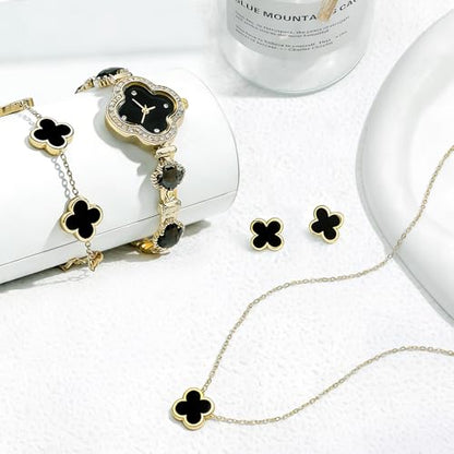 5 Pieces Lucky Clover Jewelry Set for Women Gold Jewelry Set 18K Gold Plated Flower Design Five Leaf Necklace Bracelet Ring Earrings for Women - color: Clover Black Watch