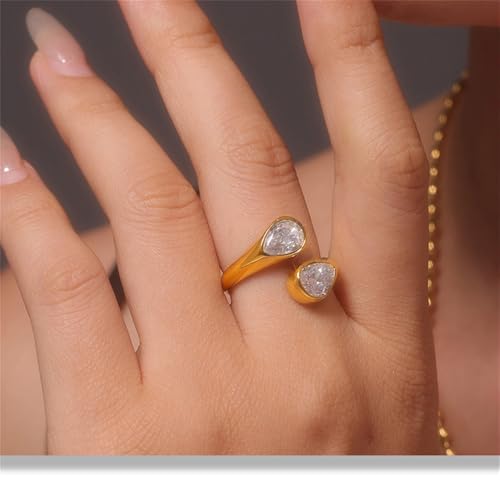 Kokoma Cubic Zirconia Waterdrop Wrap Finger Band for Women Double Crystal Teardrop Shape Adjustable Stacking Ring Open Statement Promsie Rings