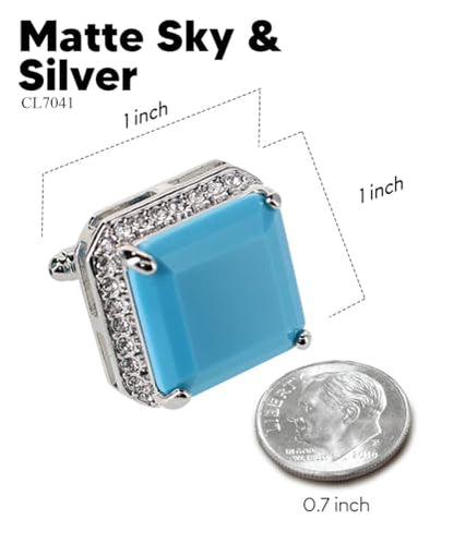Large Big Square Crystal Color Stone Cuff Links for Men – Tuxedo Suit Accessories, Cufflinks for Men - style: Matte Sky/Silver
