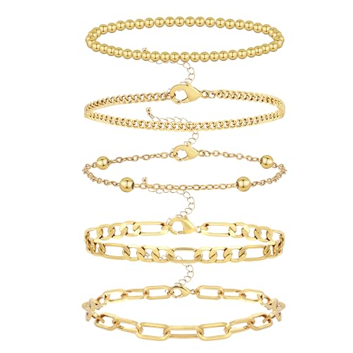 Wgoud Waterproof Gold Bracelets for Women Trendy, Dainty 14K Real Gold Plated Fashion Stackable Bracelet Sets for Women Thin Cuban Link Paperclip Chain Bracelets Layered Gold Jewelry Sets Gifts for Womens - color: 5Pcs Gold Bracelet