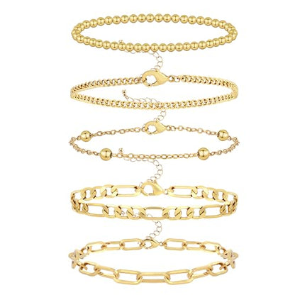 Wgoud Waterproof Gold Bracelets for Women Trendy, Dainty 14K Real Gold Plated Fashion Stackable Bracelet Sets for Women Thin Cuban Link Paperclip Chain Bracelets Layered Gold Jewelry Sets Gifts for Womens - color: 5Pcs Gold Bracelet