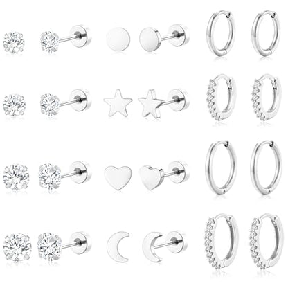 Adoyi 9 Pairs Gold Hoop Earrings Set for Womens Twisted Huggie Hoops Earrings 14K 18K Gold Plated for Girls Valentines Mother's Day Birthday Gifts Lightweight - color: 12Pairs Silver