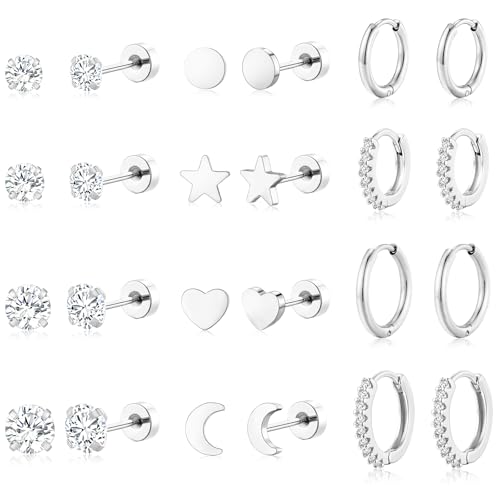 Adoyi 9 Pairs Gold Hoop Earrings Set for Womens Twisted Huggie Hoops Earrings 14K 18K Gold Plated for Girls Valentines Mother's Day Birthday Gifts Lightweight - color: 12Pairs Silver