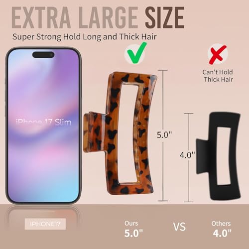 5 Inch XL Jumbo Large Claw Clips, 4-Pack Oversized Rectangle Big Hair Clips for Women, Non-Slip Dark & Light Leopard - color: GLOSSY LEOPARD