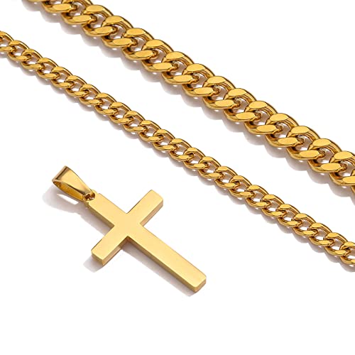 Zocomi Cross Necklace for Men Boys, Stainless Steel Layered Cuban Link Herringbone Chain Cross Pendant Christian Fashion Jewelry Gifts 16-24 Inches - color: Gold, size: 22inch/24inch, style: Cuban+Cuban