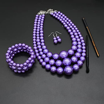 We We Imitation Pearl Necklace for Women Large Chunky Pearl Necklaces Multilayer Pearl Necklace and Earring 1920s Costume Jewelry set - color: purple pearl necklace set