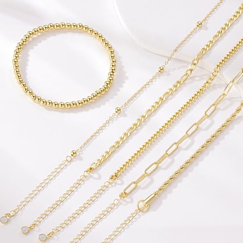 M MOOHAM Gold Bracelets Set for Women No Tarnish | 14K Gold Plated, Dainty Stackable Bracelets Stack for Women, Herringbone Paperclip Rope Cuban Chain Bracelet Set Stack - color: 4.Rope Beaded Set