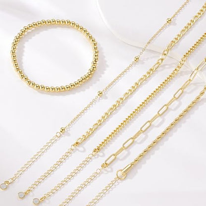 M MOOHAM Gold Bracelets Set for Women No Tarnish | 14K Gold Plated, Dainty Stackable Bracelets Stack for Women, Herringbone Paperclip Rope Cuban Chain Bracelet Set Stack - color: 4.Rope Beaded Set