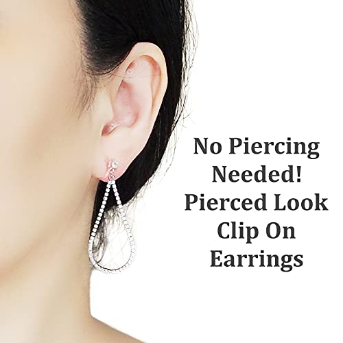 Dangle Silver Invisible Clip On Earrings for Women Not Pierced Gold Crystal Rhinestone Comfortable Hoop Fringe Long Chain Clip On Earrings - color: Teardrop Silver 2