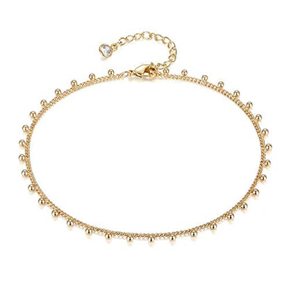 LOYATA Dainty Ankle Bracelet,14K Gold Plated Tiny Bead Anklet Dainty White Cubic Zirconia Cross Tassel Foot Chain Cute Lucky Moon Evil Eye Foot Jewelry Boho Anklets for Women - color: Bead A