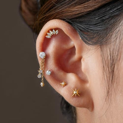 FINE4U 1PC ASTM F136 Titanium 16G Flatback Stud for Tragus, Helix, Conch 6mm 8mm - Screw on Cartilage Earring Piercing Jewelry - color: Five Marquise - Clear CZ - Gold