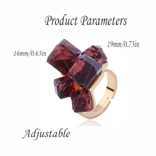 Hebelee Boho Square Crystal Statement Ring for Women Adjustable | Gold-Toned Expandable Promise Engagement Geometric Rings Comfort Fit Elegant Art Deco Christmas Cocktail Y2K Jewelry - color: Wine Red