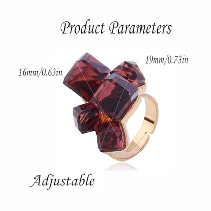 Hebelee Boho Square Crystal Statement Ring for Women Adjustable | Gold-Toned Expandable Promise Engagement Geometric Rings Comfort Fit Elegant Art Deco Christmas Cocktail Y2K Jewelry - color: Wine Red