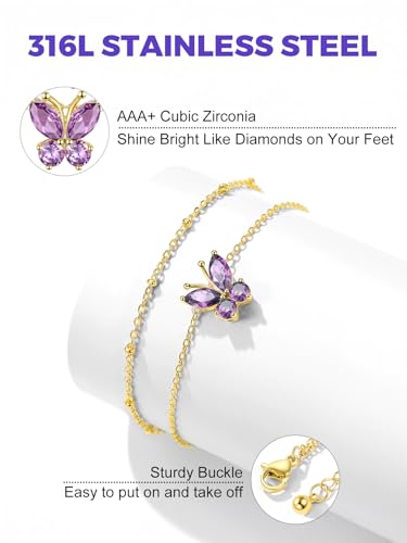 Richsteel Double Layer Heart/Butterfly Birthstone Anklet for Women | Non Tarnish Waterproof, Silver/Gold/Black Stainless Steel 8.5-10.5 Inch Adjustable Chain Anklets Summer Beach Foot Jewelry - color: Gold Butterfly-06 Jun.(Alexandrite)