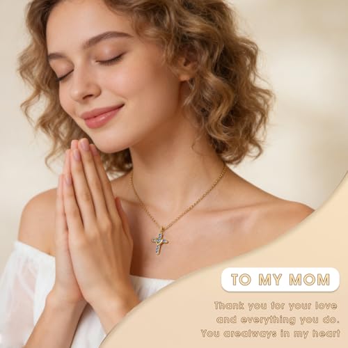 Cross Necklace for Women, Silver Cross Pendant Necklaces | 14K Gold Plated, Dainty CZ Cross Necklace, Non Tarnish and Hypoallergenic Jewelry for Women, Christian Religious Faith Gifts - color: B-Blue-Gold