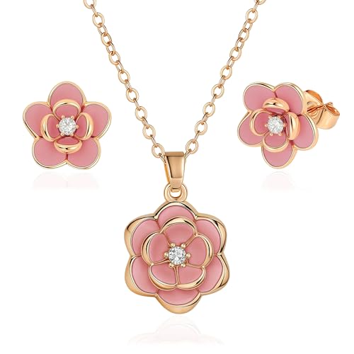 EVEVIC Dainty Flower Pendant Necklace Earrings for Women 14K Gold Plated Hypoallergenic Jewelry Sets - color: Pink /Rose Gold-tone