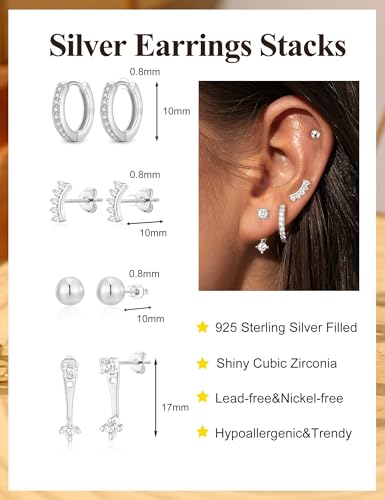 Small Gold Earring Stack Trendy 925 Sterling Silver Earrings for Women Hypoallergenic 14K Gold Plated Cubic Zirconia Stud Hoop Non Tarnish Huggie Hoop Earrings Set for Multiple Piercing Jewelry Gift - style: Silver: 1 Pairs of Hoops + 3 Pair of Studs