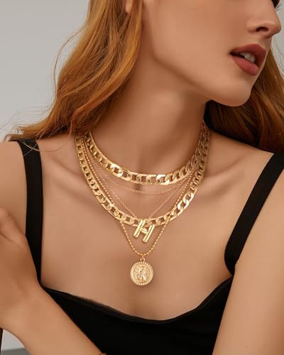 MJartoria Layered Necklaces for Women Trendy Balloon Initial Coin Pendant Necklace Dainty Chunky Chain Choker Necklaces Jewelry Birthday Gifts - color: Gold, style: H