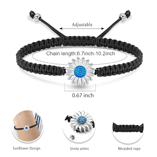 Sunflower Cremation Urn Bracelet for Adjustable Boho Daisy Handmade Cremation Jewelry Braided Rope Bracelets for Women Jewelry Gift With Funnel Kit & Bag - color: Silver+Blue