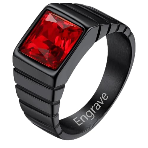 Custom4U Birthstone Signet Ring with Name Engraved,Personalized Stainless Steel/Gold Plated/Black Square Gemstone Rings Size 7-14,Fashion Memorial Jewelry Gifts for Men Women - color: D-Custom Birthstone-Black