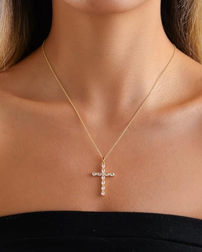 Cross Necklace for Women, 14K Gold Plated Cubic Zirconia Cross Pendant Necklace, Trendy Christian Jewelry Gifts for Baptism First Communion Christmas - color: Style I - Gold
