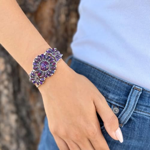 Southwest Style Genuine Gemstones 925 Sterling Silver Cluster Bracelet - color: Purple Turquoise