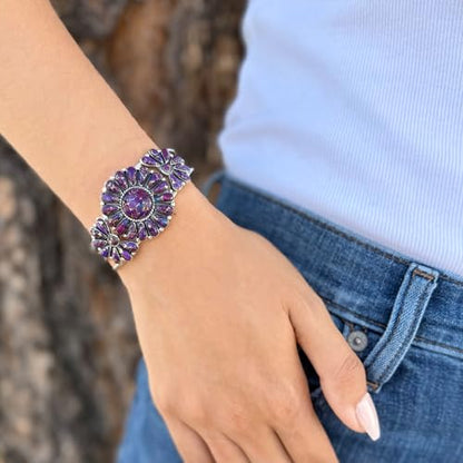 Southwest Style Genuine Gemstones 925 Sterling Silver Cluster Bracelet - color: Purple Turquoise