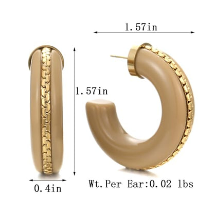 Gold Plated Resin Chunky Hoop Earrings Hypoallergenic Push Back Hoops for Sensitive Ears - color: Beige