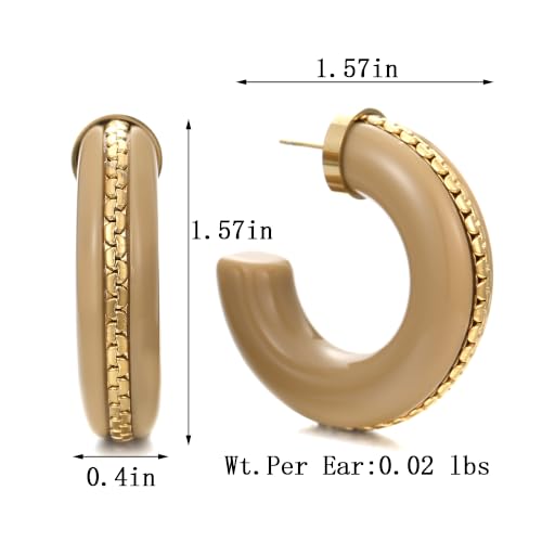 Gold Plated Resin Chunky Hoop Earrings Hypoallergenic Push Back Hoops for Sensitive Ears - color: Beige
